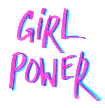 Quote "Girl power" hand written in bright pink and blue highlighter felt tip pen on clean white background