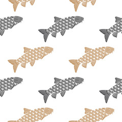 Fish hand drawn pattern. Salmon, gray and beige objects isolated on white. - 208374138