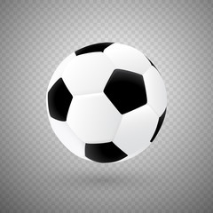 Soccer Ball in black and white colors with classic design. Realistic 3d vector Football game equipment isolated on transparent background.