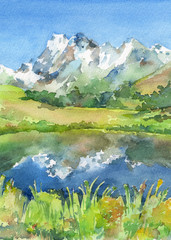 Panoramic view of idyllic mountains in the Alps with fresh green meadows in bloom, lake and flowers on the foreground. Watercolor hand drawn illustration.