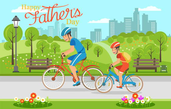 Cartoon father with son riding on bicycles in park
