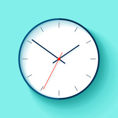 Clock icon in flat style, round timer on blue background. Simple business watch. Vector design element for you project