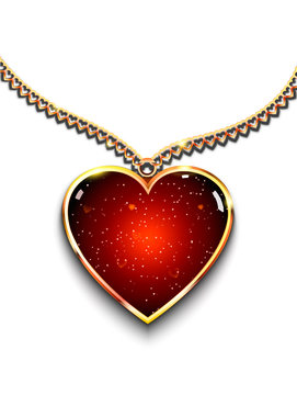 Heart-shaped pendant on necklace.  illustration of heart-shaped red pendant on golden necklace.