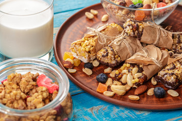 Granola bar on wooden background