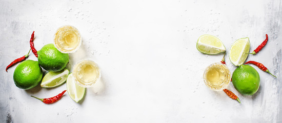 Gold mexican tequila with lime and salt, white drink background, top view