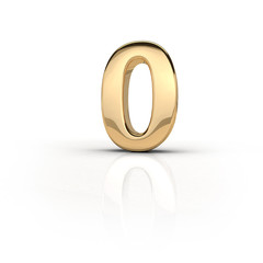 3d render (illustration) of gold metal character 0, zero. Numbers, dates, letters, characters. Celebration. Happy birthday.