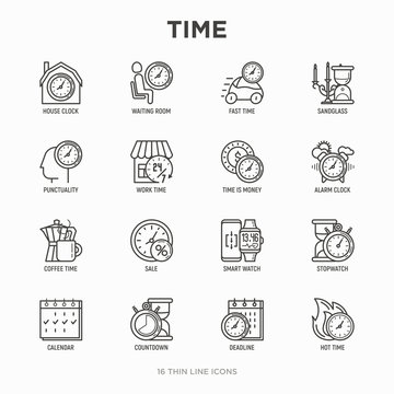 Time thin line icons set: coffee time, stopwatch, smart watch, hot time, sale, deadline, alarm, open hours, countdown. Modern vector illustration.