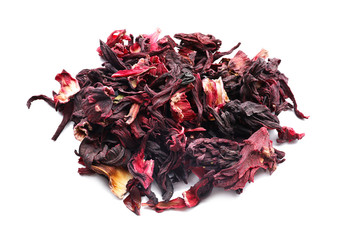 Heap of dry hibiscus tea on white background