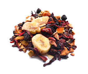 Heap of dry hibiscus tea with fruits on white background