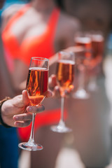 close-up partial view of young people holding glasses of wine at sunny day, selective focus