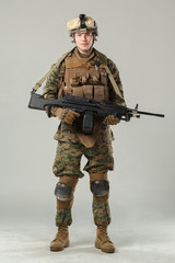 Soldier in camouflage holding rifle