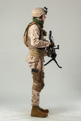Soldier in camouflage holding rifle