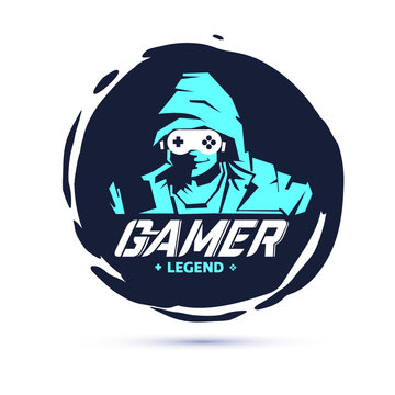 men in hood sweater in dark room. negative space with console joystick as glasses. Gamer legend. gamer logo concept - vector