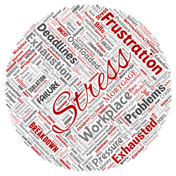 Vector conceptual mental stress at workplace or job pressure human round circle red word cloud isolated background. Collage of health, work, depression problem, exhaustion, breakdown, deadlines risk