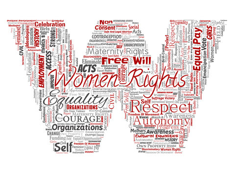 Vector conceptual women rights, equality, free-will letter font W red word cloud isolated background. Collage of feminism, empowerment, opportunities, awareness, courage, education, respect concept