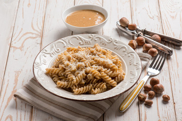 fusilli with hazelnut pesto