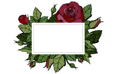 Rectangular vector frame. Red roses, buds, leaves.