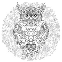  Coloring page with cute owl and floral frame.
