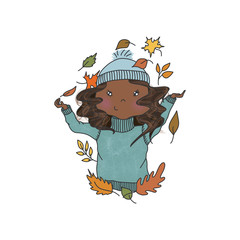 African American Hair Girl With Autumn Leaves Isolated On A White Background Hand Drawn Illustration 