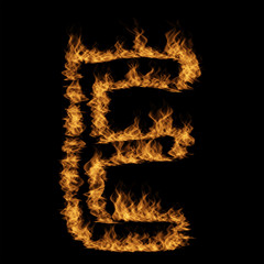 Hot fiery burning flame font made of blazing or raging orange yellow fire isolated on black background. 3D illustration of abstract grungy glowing hell or inferno danger concept energy design