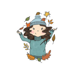Brunette Hair Girl With Autumn Leaves Isolated On A White Background Hand Drawn Illustration 