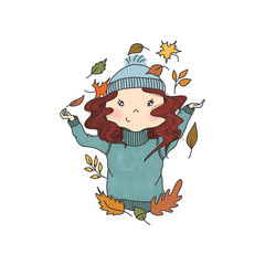 Red Hair Girl With Autumn Leaves Isolated On A White Background Hand Drawn Illustration 