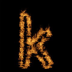 Hot fiery burning flame font made of blazing or raging orange yellow fire isolated on black background. 3D illustration of abstract grungy glowing hell or inferno danger concept energy design