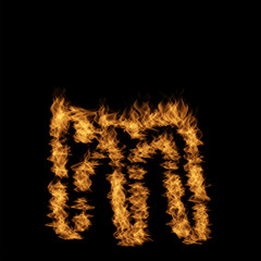 Hot fiery burning flame font made of blazing or raging orange yellow fire isolated on black background. 3D illustration of abstract grungy glowing hell or inferno danger concept energy design