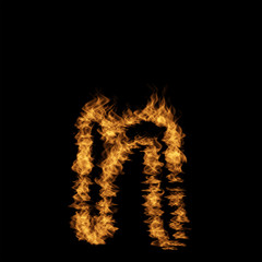 Hot fiery burning flame font made of blazing or raging orange yellow fire isolated on black background. 3D illustration of abstract grungy glowing hell or inferno danger concept energy design