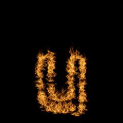 Hot fiery burning flame font made of blazing or raging orange yellow fire isolated on black background. 3D illustration of abstract grungy glowing hell or inferno danger concept energy design