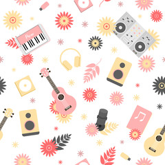 Seamless pattern with flowers, musical instruments and DJ console