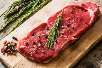 Raw beef steak with spicy ready to be cooked on wooden table