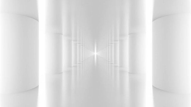 Futuristic empty white corridor with columns and bright light. Seamless looping animation