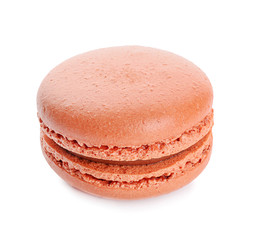 Tasty chocolate macaron on white background