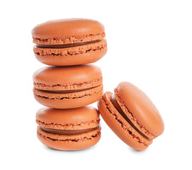 Tasty chocolate macaroons on white background