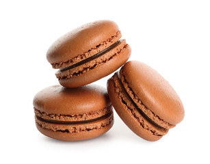 Tasty chocolate macaroons on white background