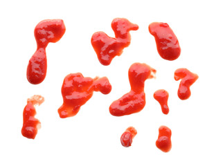 Smears of delicious tomato sauce on white background