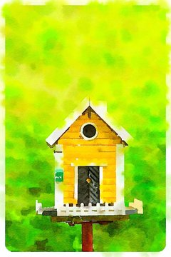 Watercolour yellow birdhouse in a green background