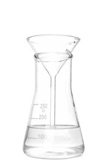Conical flask with liquid and filter funnel on white background