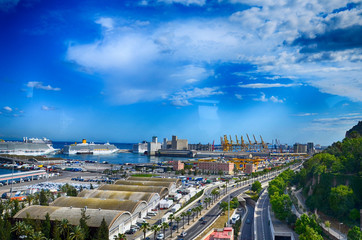 Obraz premium BARCELONA, SPAIN: Panoramic view of the Port of Barcelona. According to AAPA World Port Rankings, Barcelona is 8th busiest container port in Europe.