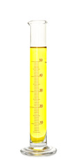 Graduated cylinder with color sample on white background