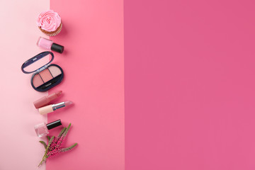 Flat lay composition with cosmetic products on color background