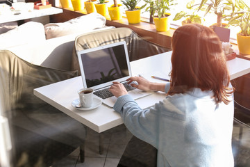 Young woman using laptop in cafe, view through window