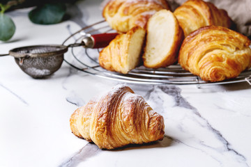 Fototapeta premium Homemade croissant whole and sliced with sugar powder on cooling rack. Decorated by eucalyptus branch over white marble table.