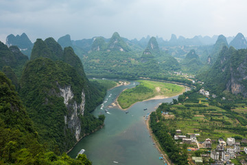 Landscape of Guilin, Li River and Karst mountains. Located near The Ancient Town of Xingping,...