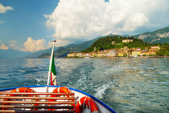 View at Bellagio village from the ferry, Lake Como, Italy