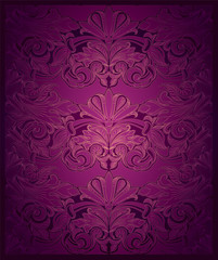 Royal, vintage, elegant vertical background in purple with gold, with classic Baroque pattern, Rococo with darkened edges