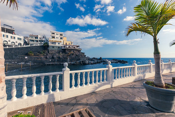 Fototapeta premium Palm trees and coastline with traditional canarian buildings in Puerto de la Cruz, Tenerife, Spain.