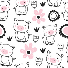 Cute pigs characters pink seamless pattern