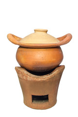 Clay pot on stove isolated on white background,Traditional Thai Cooking Equipment.